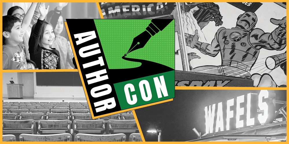 Announcing Author Con with visuals of seating, children listening, and comics